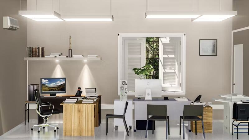 Des Tours Bancaires aux Hubs de Startups : Révéler le Potentiel Caché du Marché des Bureaux au Luxembourg à l’Ère du Travail Hybride 1 Bureau moderne et lumineux avec un design épuré, équipé de deux espaces de travail comprenant des bureaux en bois, des chaises noires, des ordinateurs et des étagères avec des livres. Une grande fenêtre ouverte laisse entrer la lumière naturelle et offre une vue sur la verdure. L’ambiance est minimaliste et professionnelle, idéale pour un environnement de travail productif.